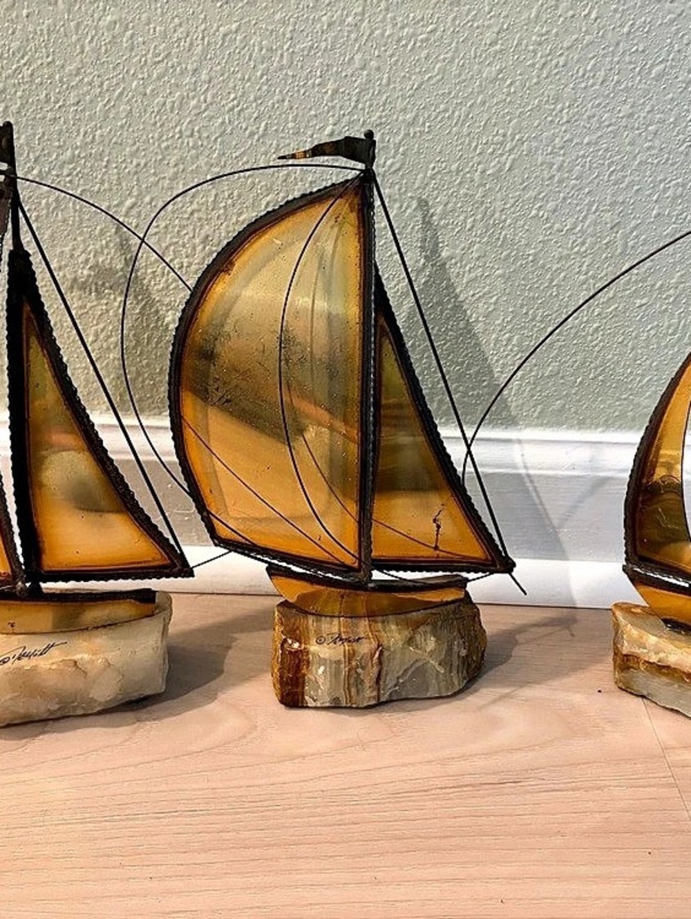 Set of 3 Sailboat Decor Sculptures Brown Gold
